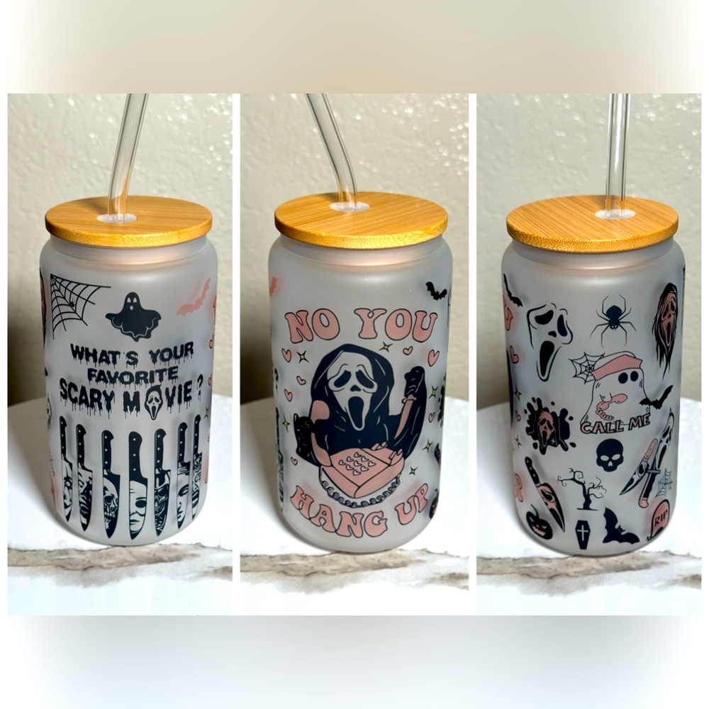 16oz scream, sublimated glass can with bamboo lid